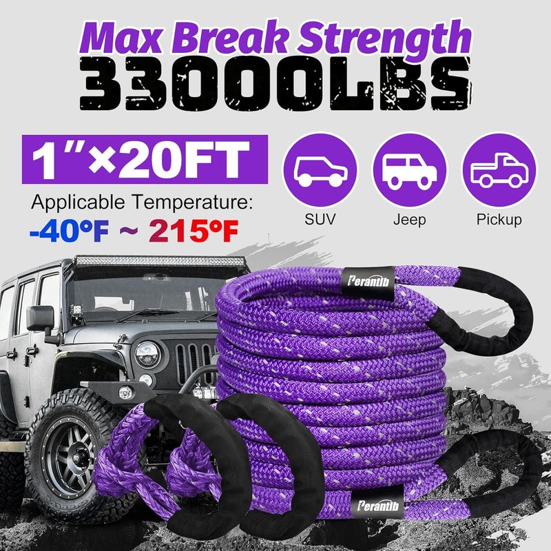 Perantlb Kinetic Energy Recovery Rope 1" x 20ft,with Soft Shackle and Glove，Linetic Light Reflecting Tow Rope for 4WD Pick Up Truck, SUV, ATV, UTV - Image 4